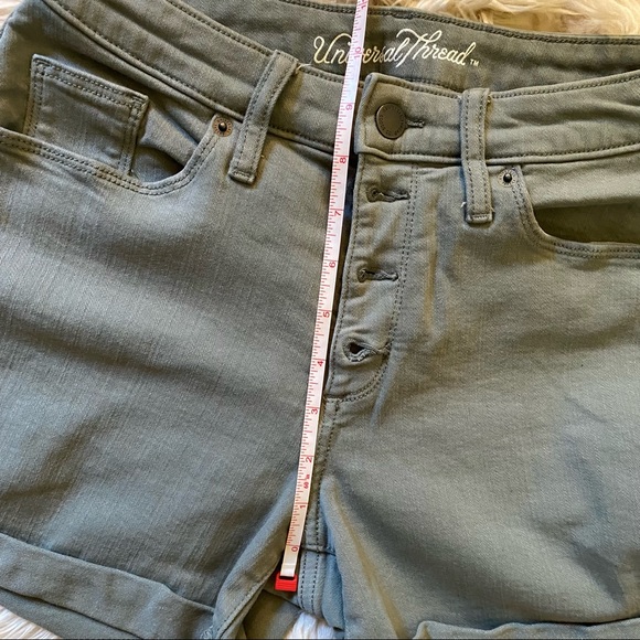 Universal Thread High Rise Midi Rolled Hem Stretch Olive Green Denim Shorts - Picture 5 of 5